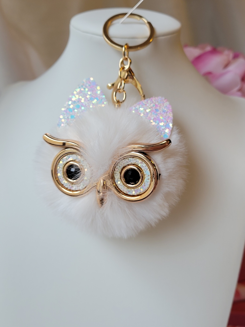 2/$20 Sparkling White Furry Owl Keychain with Gold Accents